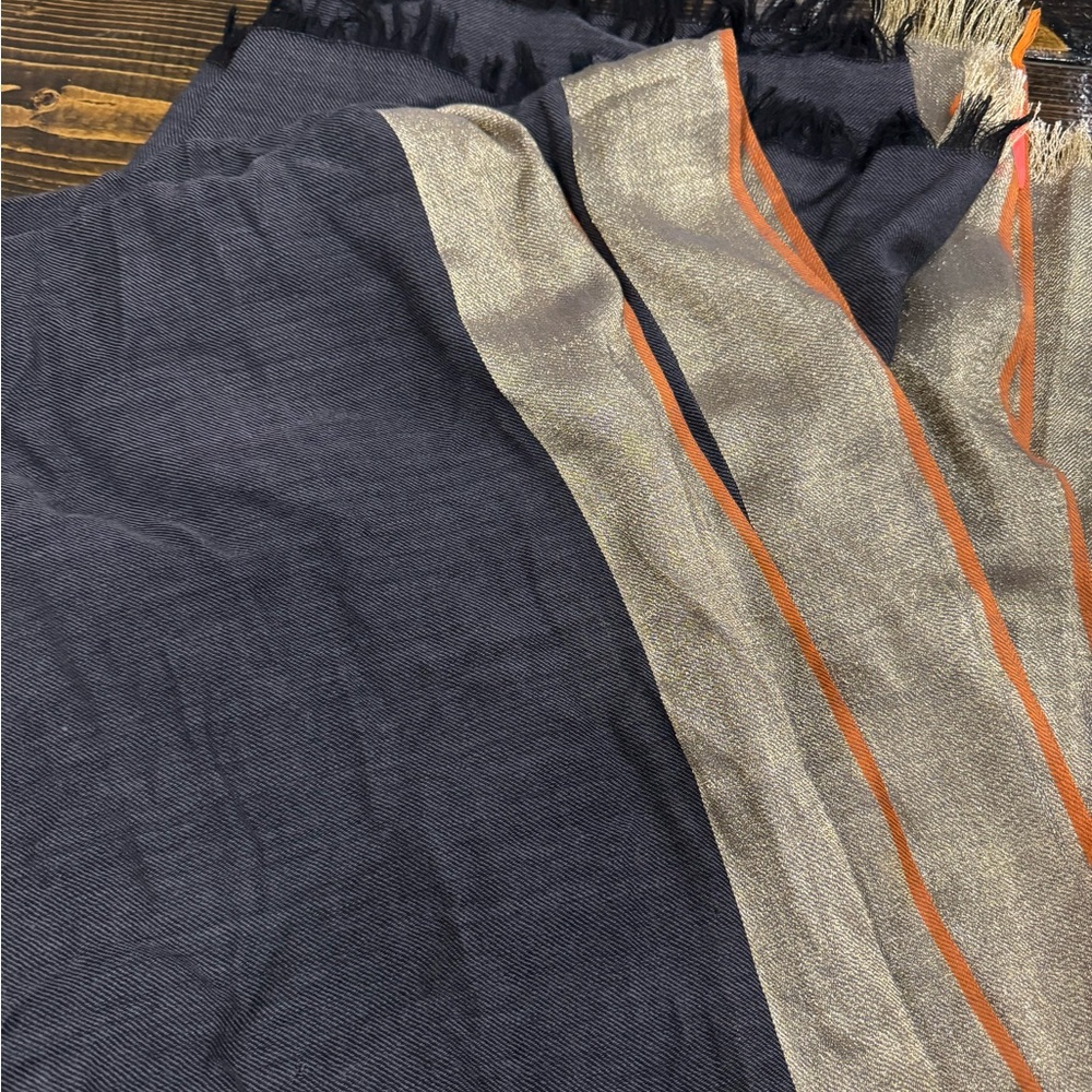 Charcoal scarf/ shawl with Metallic Gold & Orange trim